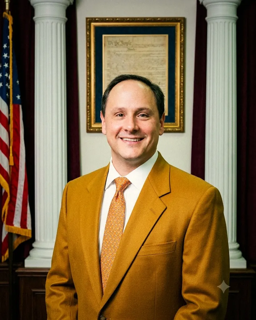 Brett G. Evans in a gold suit, photographed as a 1990s-style legal advertisement, standing between columns before a framed copy of the United States Constitution.