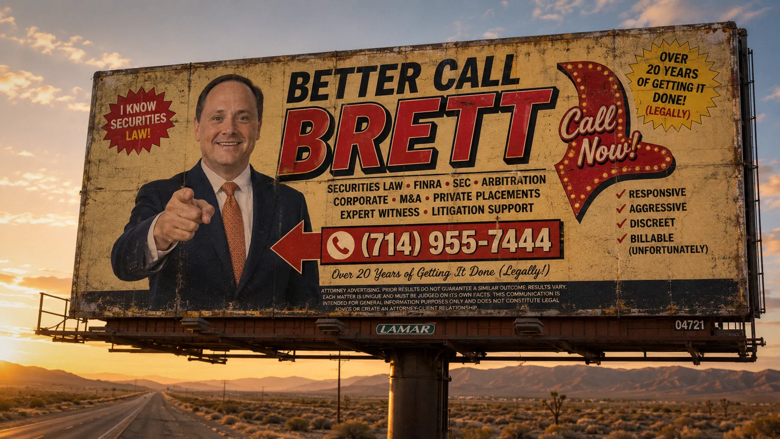 Fictional roadside billboard reading Better Call Brett on an empty desert highway at sunset.