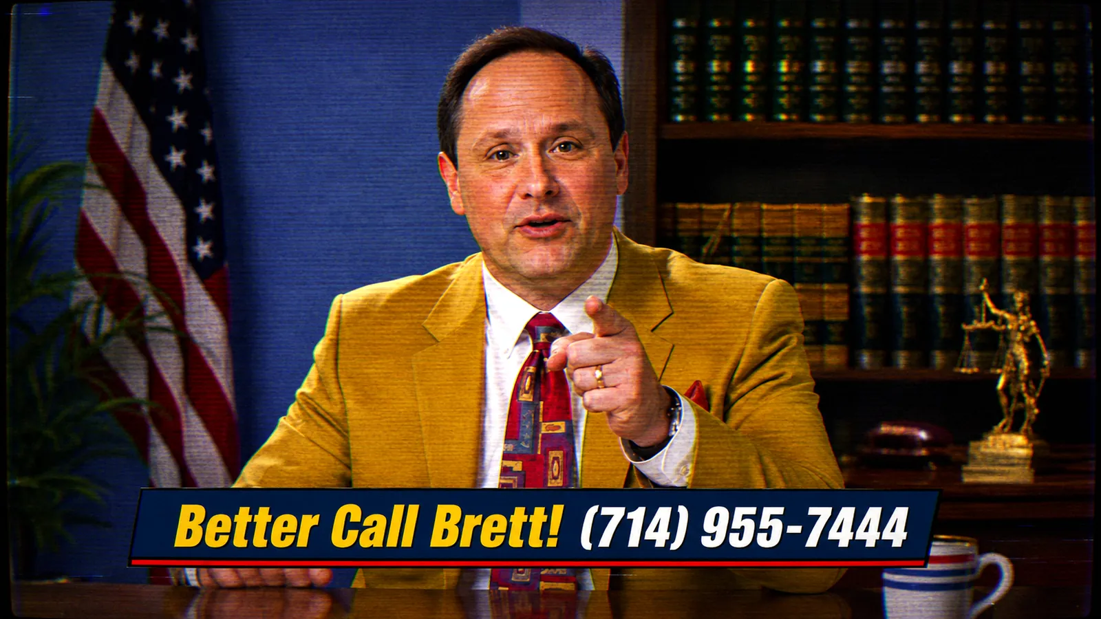 Still frame from a fictional 1990s local television advertisement with a lower-third reading Better Call Brett.